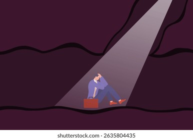 Ilustração vetorial de um empresário deprimido sentado sozinho em um túnel escuro sob um feixe de luz, simbolizando sentimentos de fracasso, frustração e esgotamento mental em face dos desafios