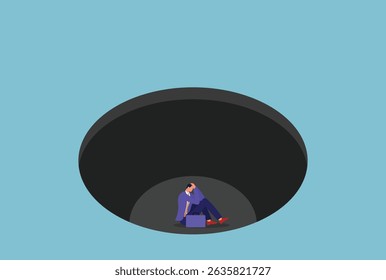 Ilustração vetorial de um empresário deprimido sentado no fundo de um enorme buraco escuro, representando os efeitos psicológicos da fadiga mental, esgotamento no local de trabalho, isolamento e lutas na carreira