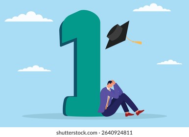 Vector illustration of a depressed businessman sitting under a 1st place award and graduation cap, symbolizing the emotional challenges, pressure, and loneliness that can accompany success
