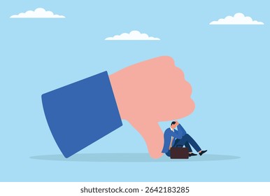 Vector illustration of a depressed businessman sitting beneath a giant dislike icon, symbolizing the emotional impact of harsh criticism and negative feedback in the professional world
