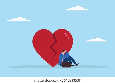 Vector illustration of a depressed businessman sitting beneath a giant broken love sign, symbolizing heartbreak, emotional struggle, and the impact of personal loss on professional life
