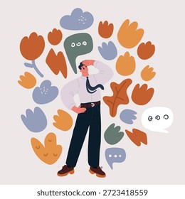 Ilustración vectorial de Deprimido frustrado joven indio que sufre de dolor de cabeza, migraña, tocarse la cara, la cabeza con los ojos cerrados, sentirse estresado, enfermo, cansado, pensar en malas noticias, problemas