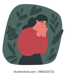 Vector illustration of Depressed woman cover her face with hands and cry. Concept of mental disorder, sorrow and depression. Physical and emotional violence against women.