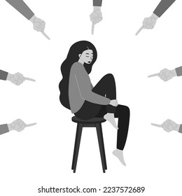 Vector illustration of a depressed young woman surrounded by hands with an index finger pointing at her. Public censure and victim blaming, psychological abuse.