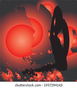Ilustración vectorial, silueta de hombre depresivo con las manos en la cabeza sobre fondo abstracto en tonos rojos.