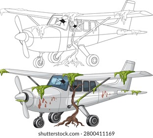 Vector illustration of derelict airplane with moss, tree roots, and broken windows, colored and outlined.