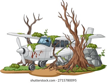 Vektorgrafik eines heruntergekommenen Flugzeugs, das von blattlosen Bäumen, Moos und felsigem Gelände umgeben ist
