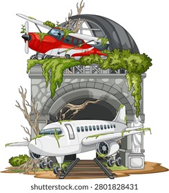 Vector illustration of derelict airplanes in overgrown stone hangar, detailed line art, bright colors