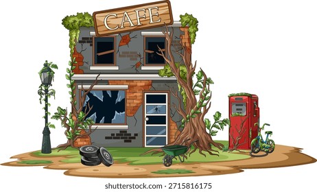 Vector illustration of a derelict cafe, overgrown with plants, broken windows, and urban decay details