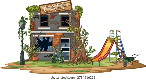 Vector illustration of a derelict cafe and playground, overgrown with plants and broken windows