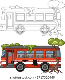 Vector illustration of derelict city bus overtaken by tree roots and hanging greenery