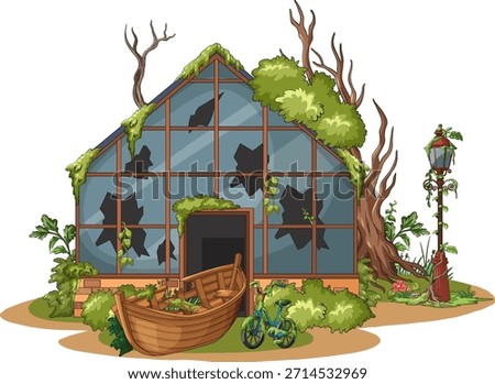 Vector illustration of derelict greenhouse with broken windows, overgrown vegetation, abandoned boat and bicycle