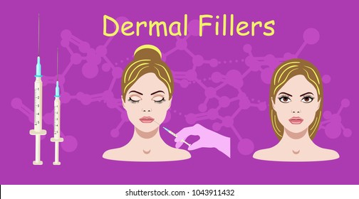Vector illustration with dermal filler process on the purple background
