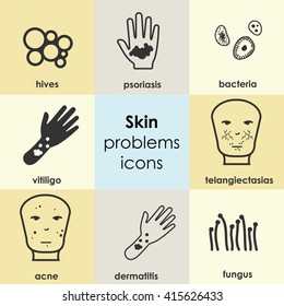 vector illustration / dermatological symptoms / skin problems / disorders icons set 