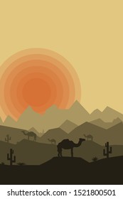 Vector illustration of a desert in Africa, a caravan of camels.