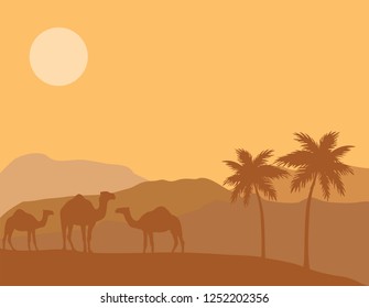 vector illustration of desert background. animal word, camels and palm trees nature background.