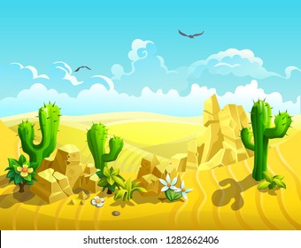 
Vector illustration of desert. Cacti and deserts plants among sands.