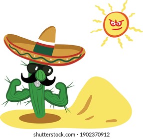Vector illustration of a desert Cartoon Cactus Man, Strong Cool Cactus man Clipart