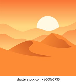 Vector illustration of desert. Dunes, sand and sunset. Orange composition. Wilderness image. 