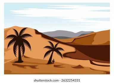 Ilustración vectorial del paisaje de la colina del desierto con las palmeras