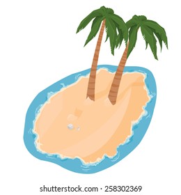 A vector illustration of a desert island with palm trees, sand and water. Desert island. Tropical island surrounded by water.