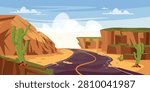 Vector illustration of desert landscape with asphalt road. Cartoon scene, desert with rock, mountain, cliffs, green cacti, succulents, pebbles, yellow sand, winding highway, sky, fluffy clouds.