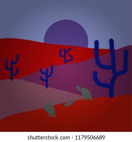 Vector illustration. Desert Landscape with Cactus and Mountains in the Background. Illustration on red, neutral and purple colors. Flat Design Style.