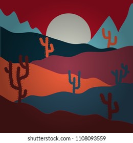 Vector illustration. Desert landscape with cactuses. Cartoon on red, blue and orange colors.