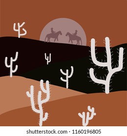Vector illustration. Desert landscape with cactuses. Cartoon on brown, black and beige colors.