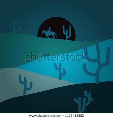 Vector illustration. Desert landscape with cactuses. Cartoon on blue and gray colors.