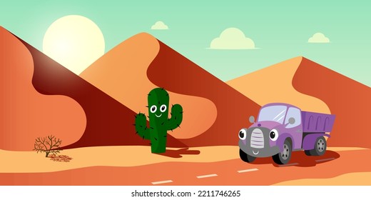 Ilustración vectorial de un paisaje desértico con un coche de dibujos animados y un cactus