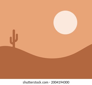 Vector illustration of a desert landscape consisting of sand hills, cactus and sun.