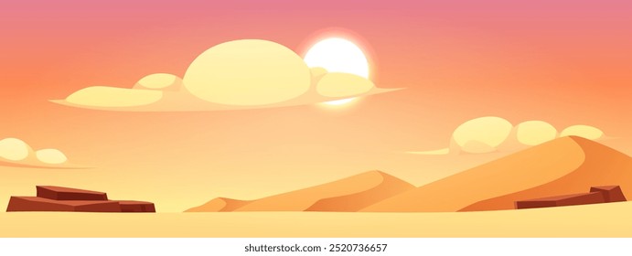 Ilustración vectorial de paisaje desértico con colinas, rocas, sol y nubes amarillas. Paisaje panorámico salvaje del desierto con dunas. Fondo para el diseño del tema o interfaz de juego en estilo plano.