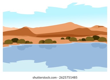 Vector illustration Desert Landscape with Lake and Mountains. suitable for background, poster, wall decoration, advertisement, banner.