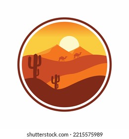 vector illustration Desert landscape logo with round cactus, mountain desert vector template, logo, label, shirt, sticker