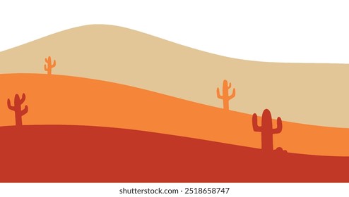 Vector illustration of desert landscape. Desert with mountains and cactus in flat cartoon style