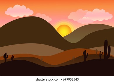 Vector illustration of the desert landscape with Mountains and Sunset,Nature background 