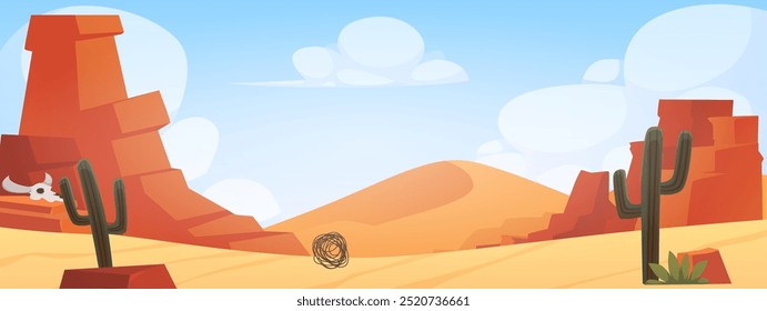 Ilustração vetorial da paisagem do deserto com rochas, ervas daninhas e ervas daninhas. Deserto paisagem panorâmica selvagem com dunas e céu azul. Plano de fundo para design de tema ou interface de jogo em estilo plano.