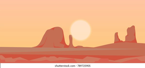 vector illustration of desert landscape, rocks and sun in the haze