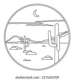 Vector illustration of desert landscape silhouette with moon, mountains, cactus. Nature scenery simple modern line art. Hiking doodle graphic for emblem, badge, icon, banner, poster. Travel sketch.