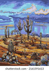 Ilustración vectorial del paisaje del Desierto con un cielo y una tierra llena de tierra de arena.
