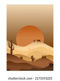 Ilustración vectorial de un paisaje desértico al atardecer. Atardecer desierto con montañas y cactus al estilo de dibujos animados planos. Camello