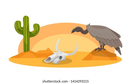 Vector illustration with desert landscape with a vulture sitting on the stone near the scull of a cow and cactus.