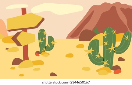 Ilustración vectorial de un paisaje desértico. El salvaje oeste, en el desierto del oeste de Texas, con montañas y cactus en un estilo de caricatura plana. Ilustración para imprimir en postales y libros