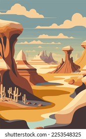 vector illustration of desert landscapes in Bisti badlands, De-na-zin wilderness area, New Mexico, USA