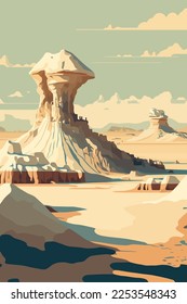 vector illustration of desert landscapes in Bisti badlands, De-na-zin wilderness area, New Mexico, USA