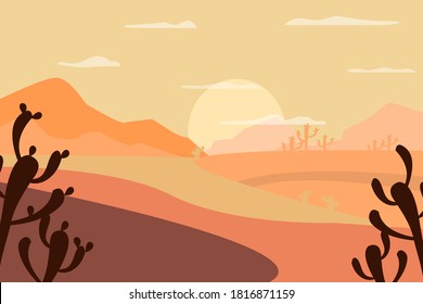 Vector illustration of a desert with a mountain and cactuses, sunset. Desert landscape