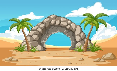 Ilustración vectorial de un oasis del desierto con palmeras