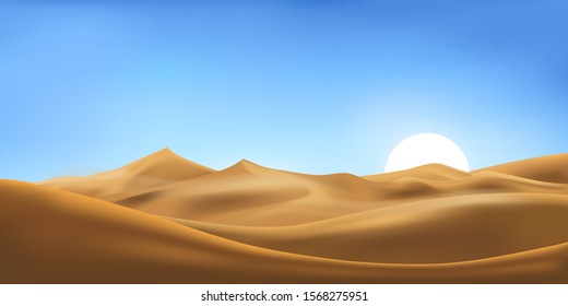 Vector illustration of desert panorama landscape with sand dunes on very hot sunny day summer, Minimalist panoramic cartoon nature empty sand and sun with clean sky.