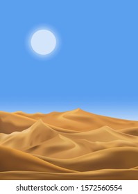 Vector illustration of desert panorama landscape with sand dunes on very hot sunny day summer, Minimalist panoramic cartoon nature empty sand and sun with clean sky.